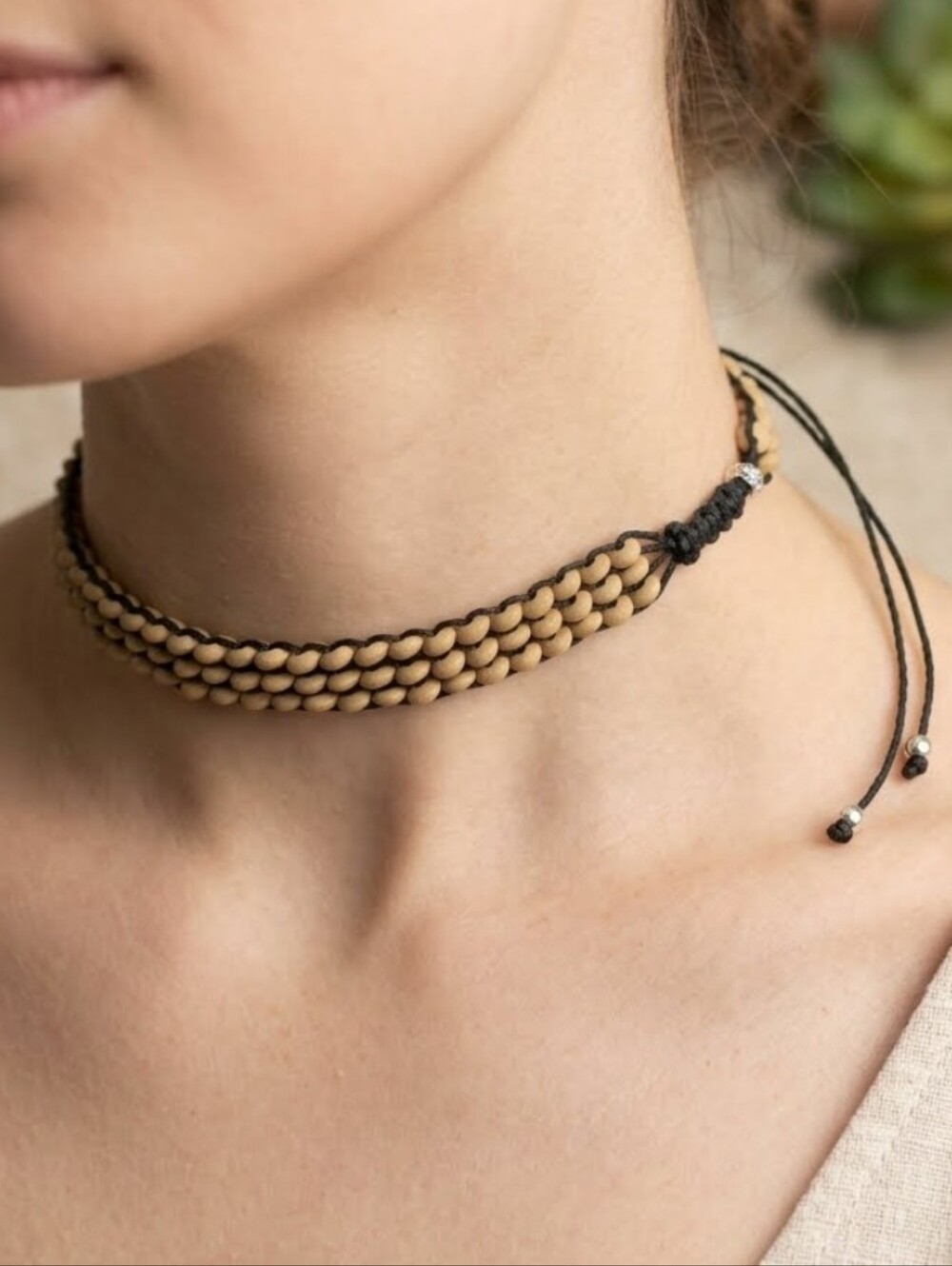 N4172 Unisex Bohemian Adjustable Multi-Strand Wooden Beaded Choker Necklace